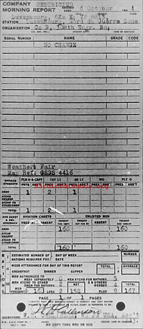 Morning report B Co, 1944-10-06, page 1 Morning report