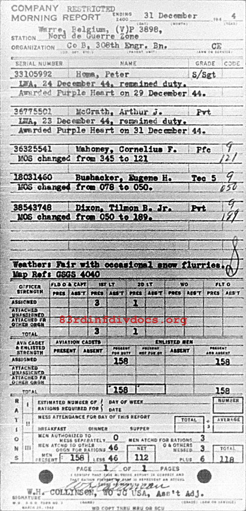 Morning report B Co, 1944-12-31, page 1 Morning report