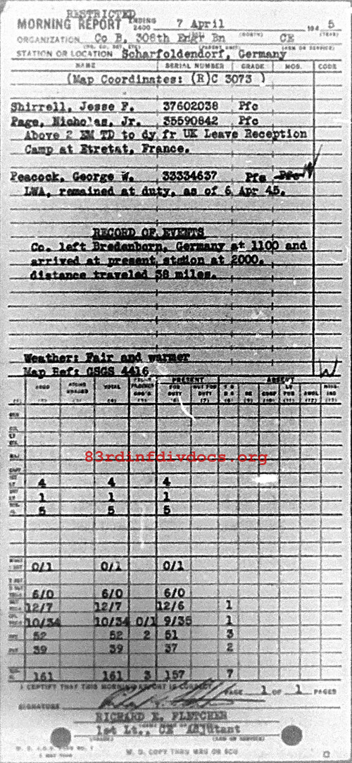 Morning report B Co, 1945-04-07, page 1 Morning report
