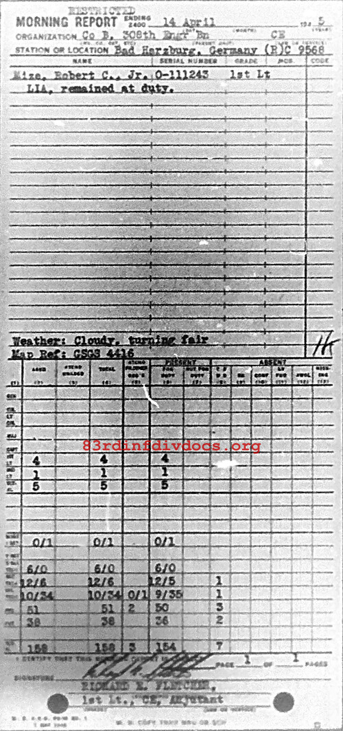 Morning report B Co, 1945-04-14, page 1 Morning report