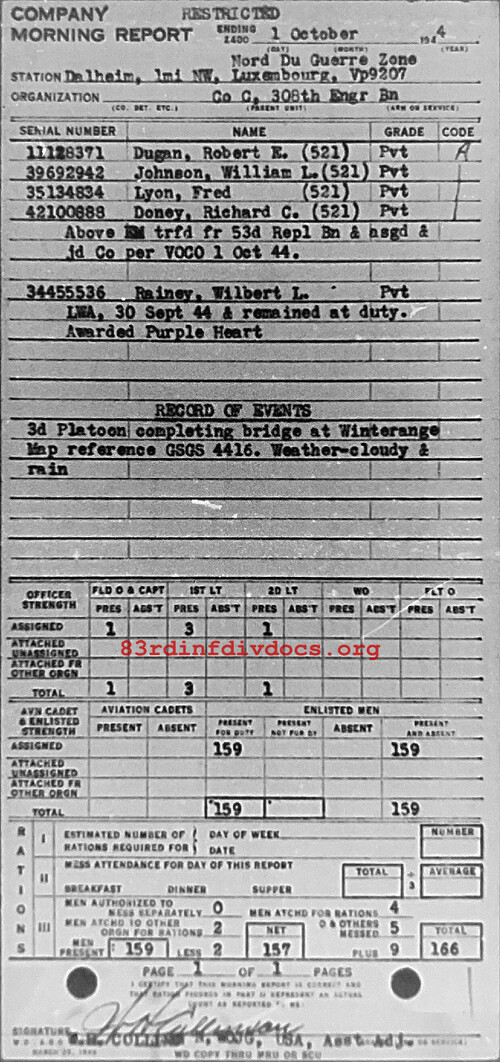 Morning report C Co, 1944-10-01, page 1 Morning report