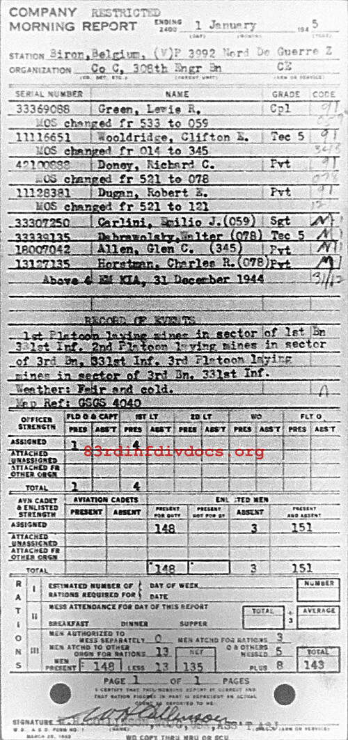 Morning report C Co, 1945-01-01, page 1 Morning report