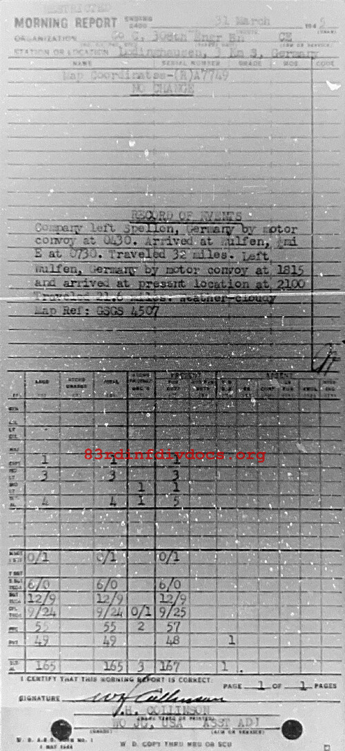 Morning report C Co, 1945-03-31, page 1 Morning report