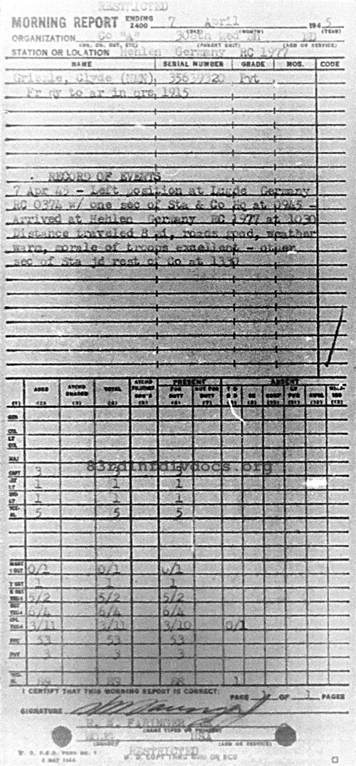 Morning report A Co, 1945-04-07, page 1 Morning report