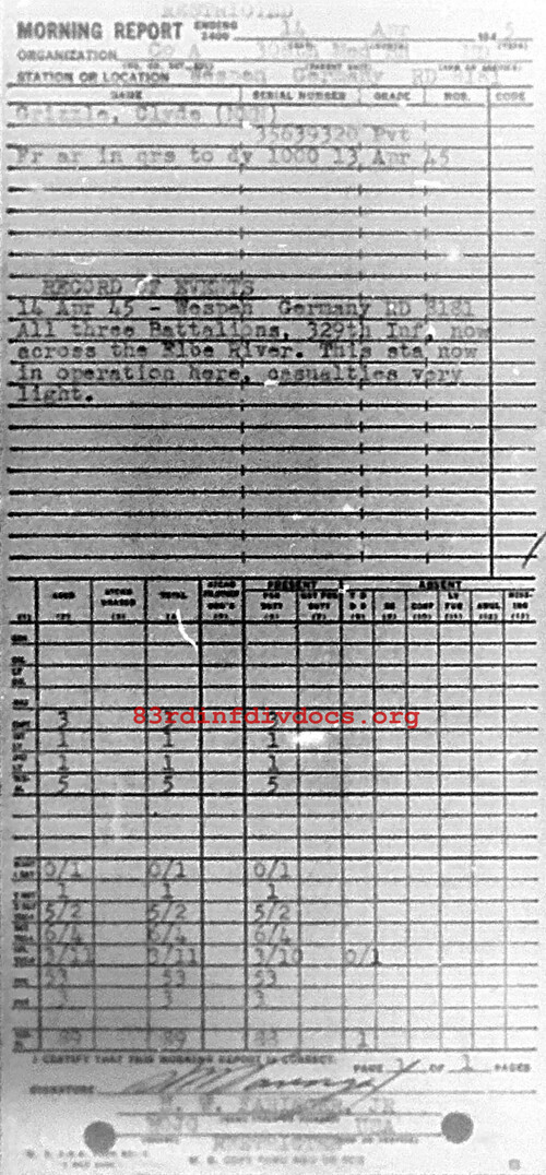 Morning report A Co, 1945-04-14, page 1 Morning report