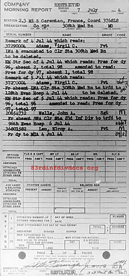 Morning report B Co, 1944-07-07, page 1 Morning report