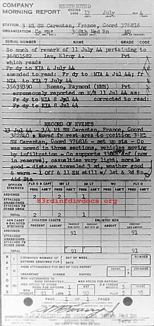 Morning report B Co, 1944-07-13, page 1 Morning report