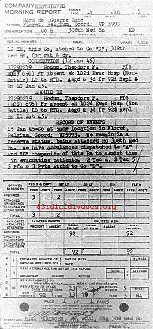 Morning report B Co, 1945-01-15, page 1 Morning report