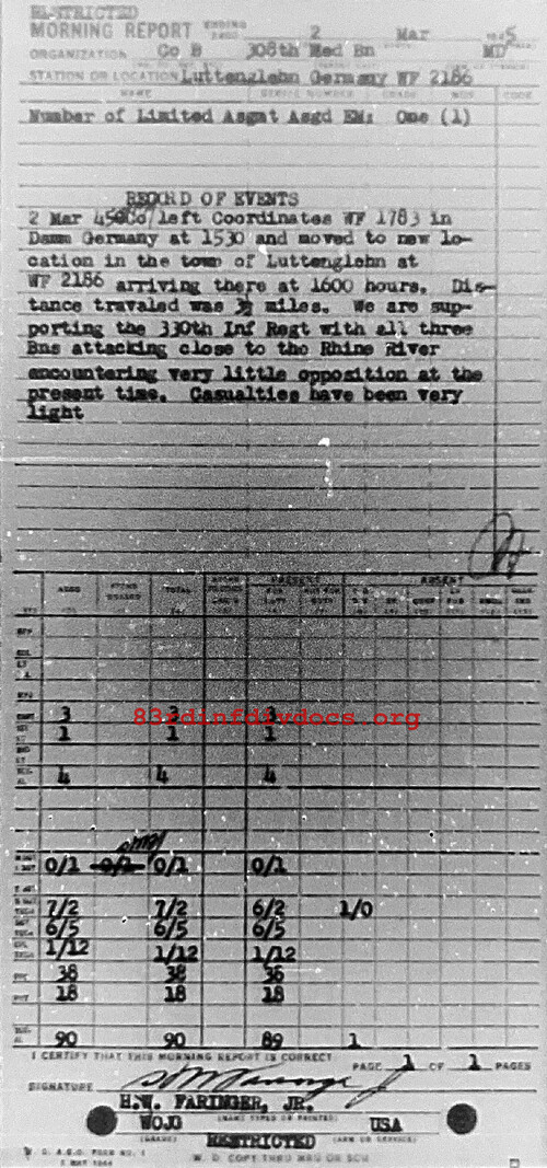 Morning report B Co, 1945-03-02, page 1 Morning report