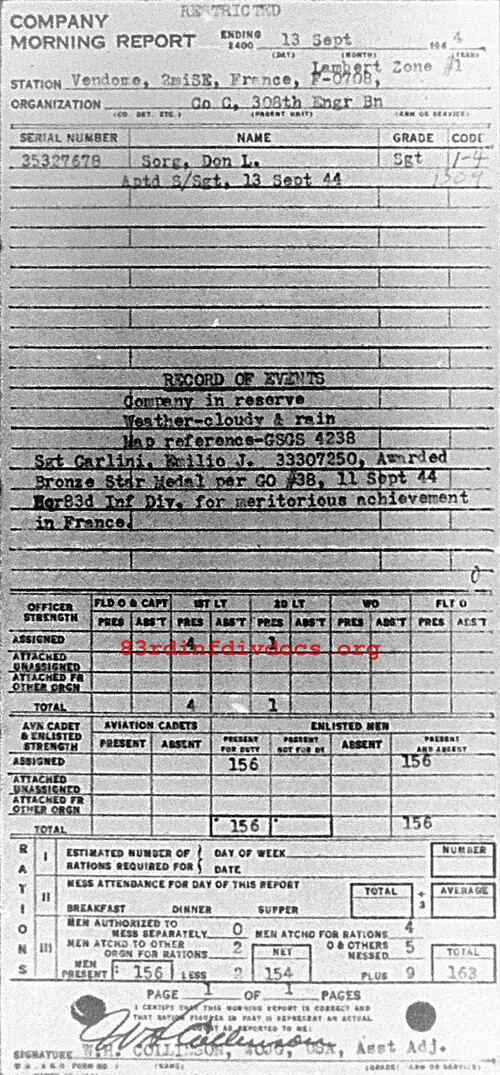 Morning report C Co, 1944-09-13, page 1 Morning report
