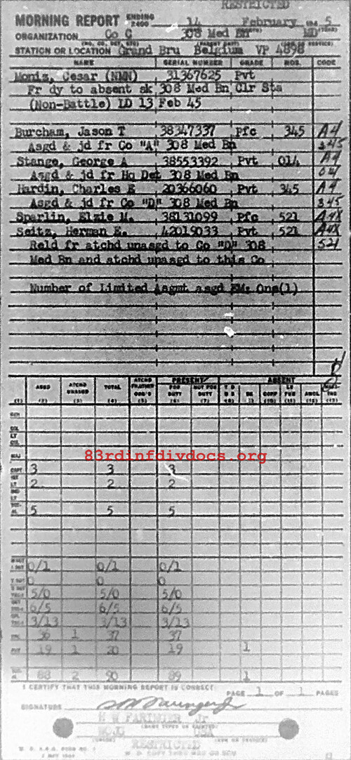 Morning report C Co, 1945-02-14, page 1 Morning report