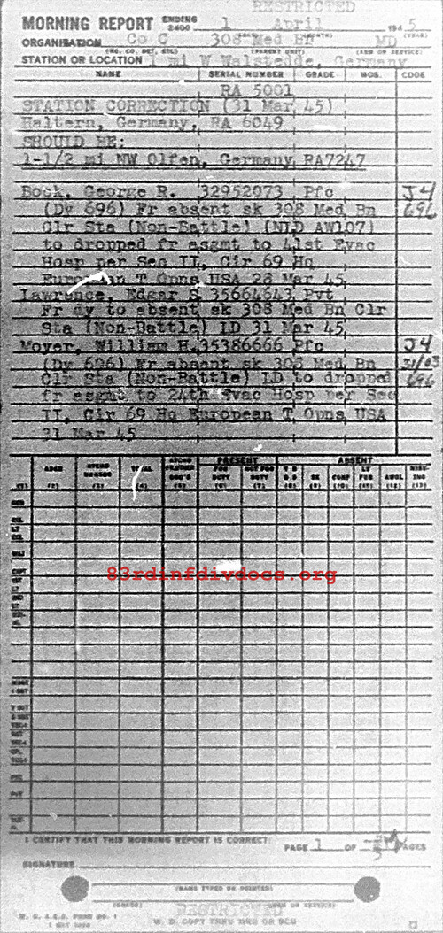 Morning report C Co, 1945-04-01, page 1 Morning report
