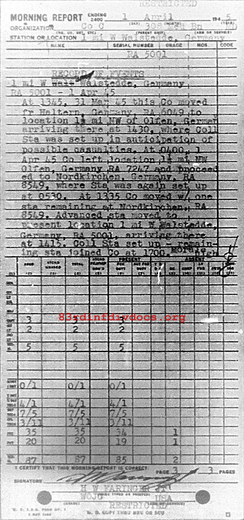 Morning report C Co, 1945-04-01, page 3 Morning report