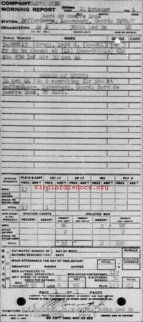 Morning report D Co, 1944-10-24, page 1 Morning report
