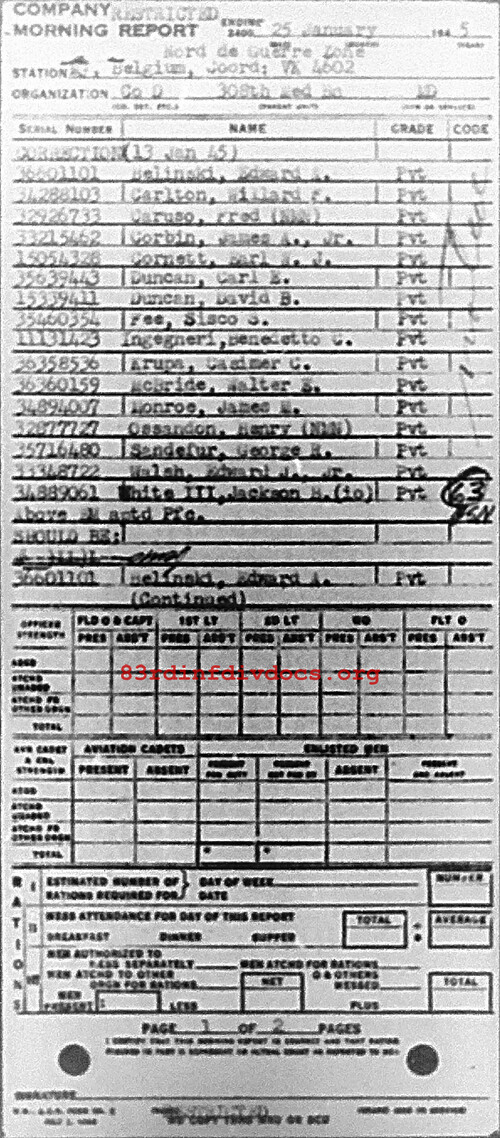 Morning report D Co, 1945-01-25, page 1 Morning report