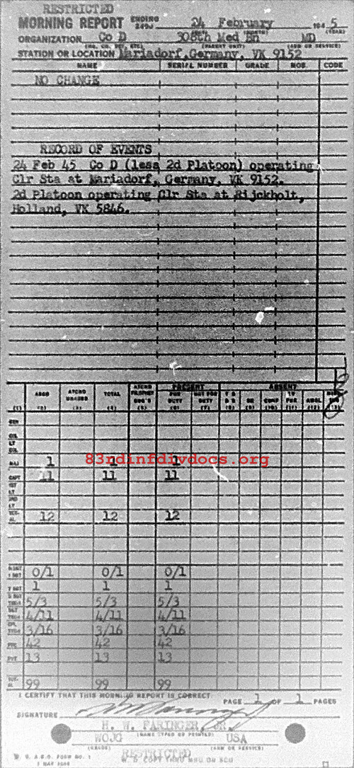 Morning report D Co, 1945-02-24, page 1 Morning report