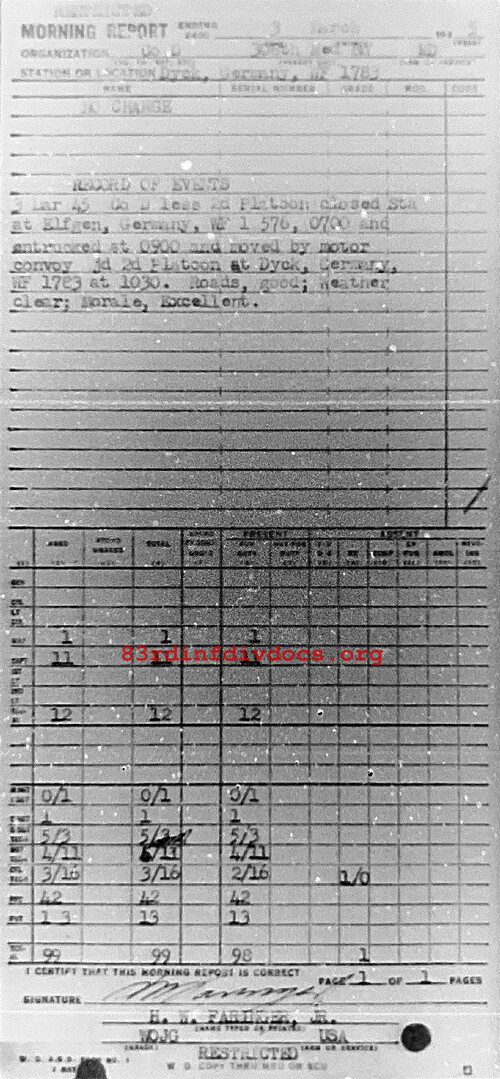 Morning report D Co, 1945-03-03, page 1 Morning report