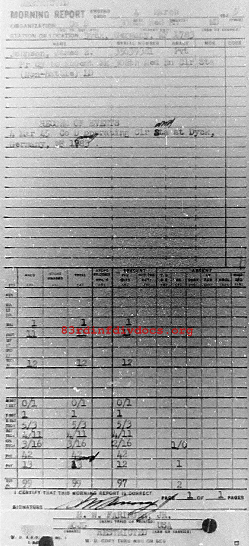 Morning report D Co, 1945-03-04, page 1 Morning report