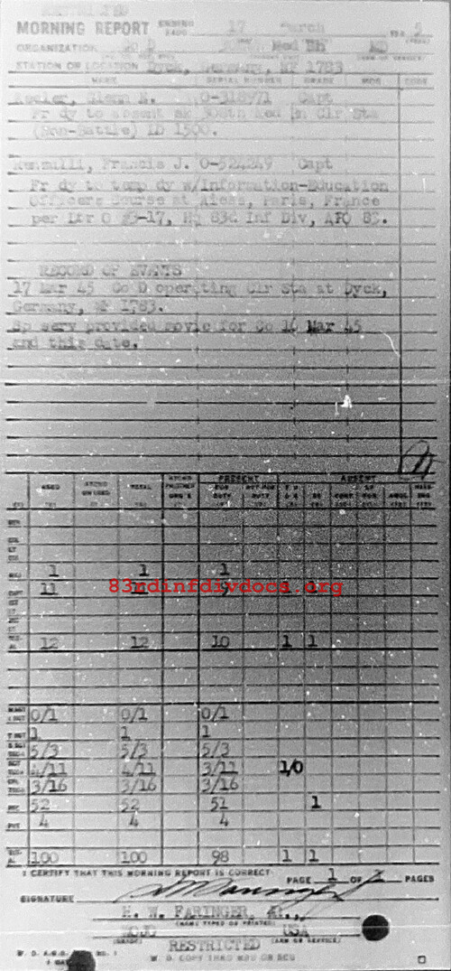 Morning report D Co, 1945-03-17, page 1 Morning report