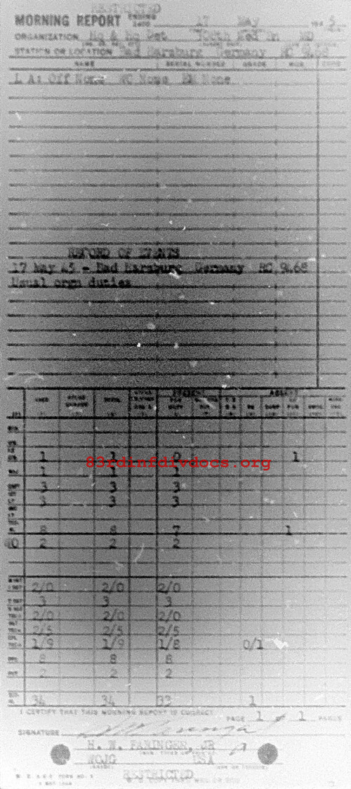 Morning report HQ Co, 1945-05-17, page 1 Morning report