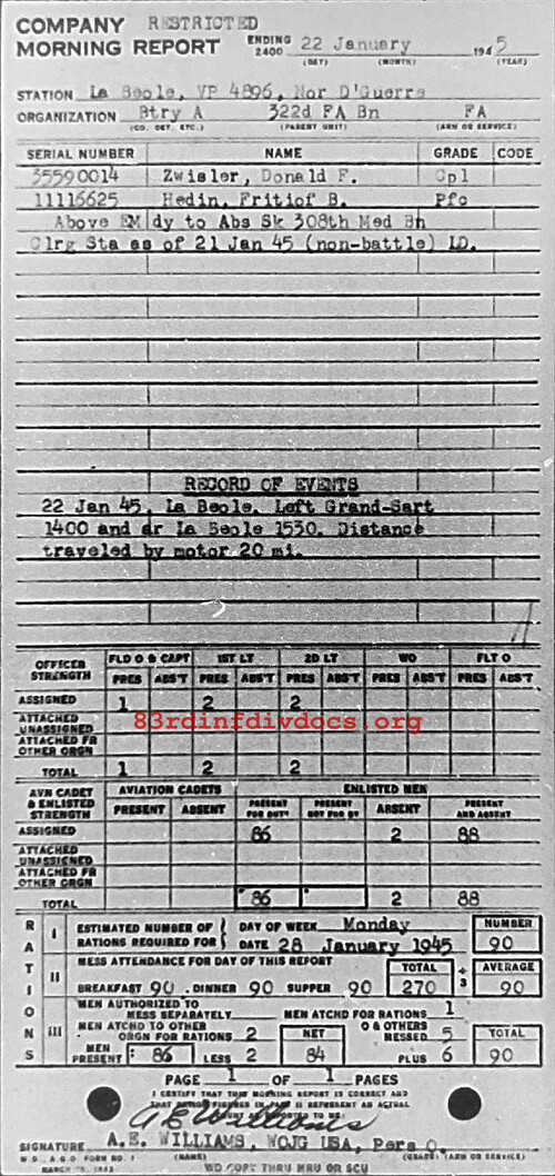 Morning report A Co, 1945-01-22, page 1 Morning report