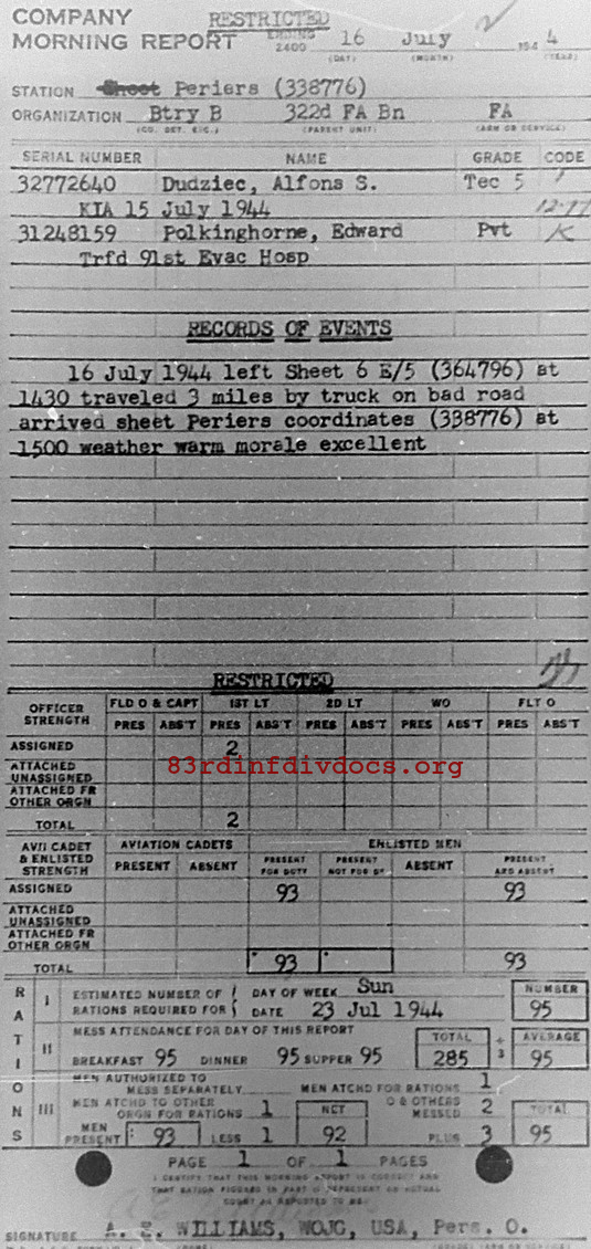 Morning report B Co, 1944-07-16, page 1 Morning report