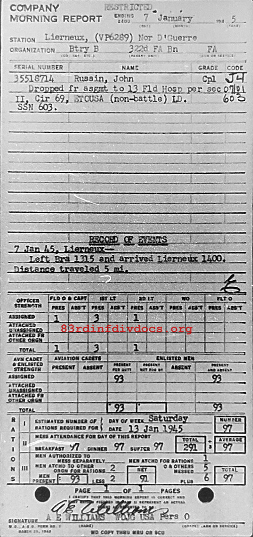 Morning report B Co, 1945-01-07, page 1 Morning report