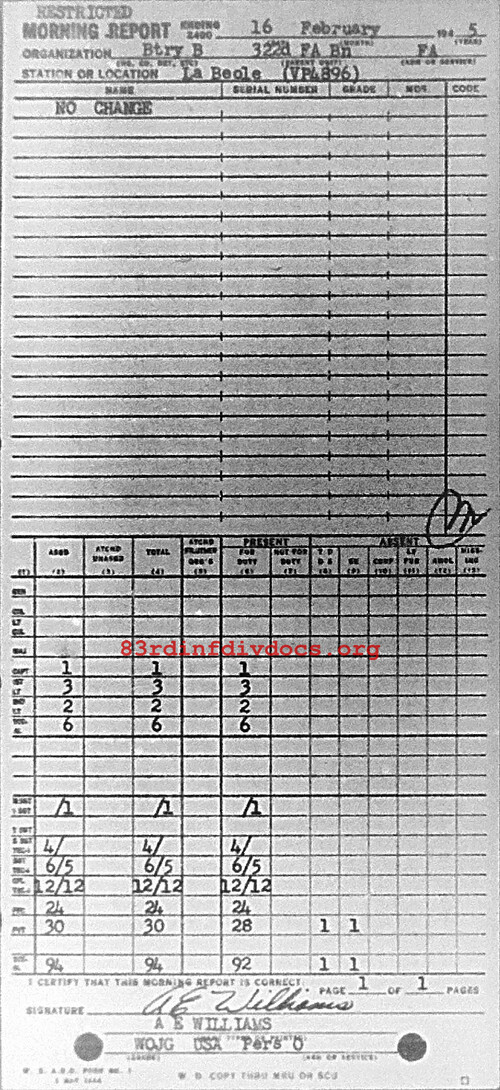 Morning report B Co, 1945-02-16, page 1 Morning report