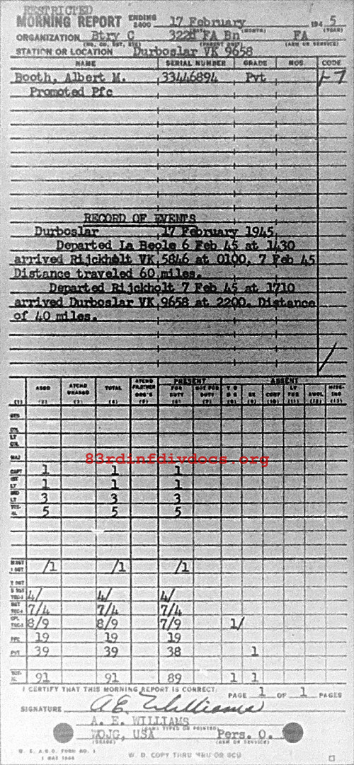 Morning report C Co, 1945-02-17, page 1 Morning report