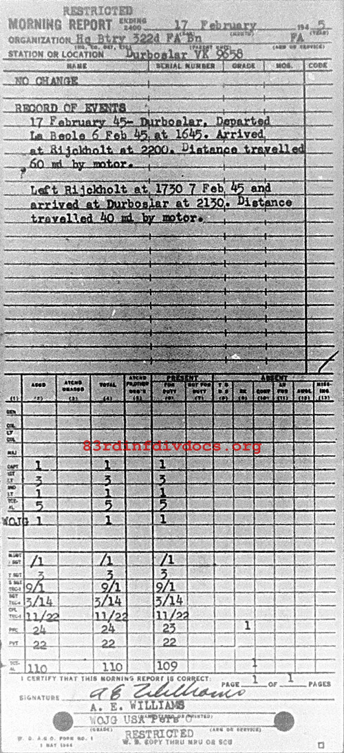 Morning report HQBTRY Co, 1945-02-17, page 1 Morning report