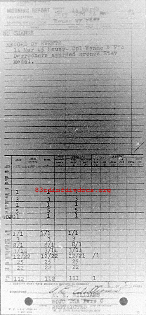 Morning report HQBTRY Co, 1945-03-14, page 1 Morning report