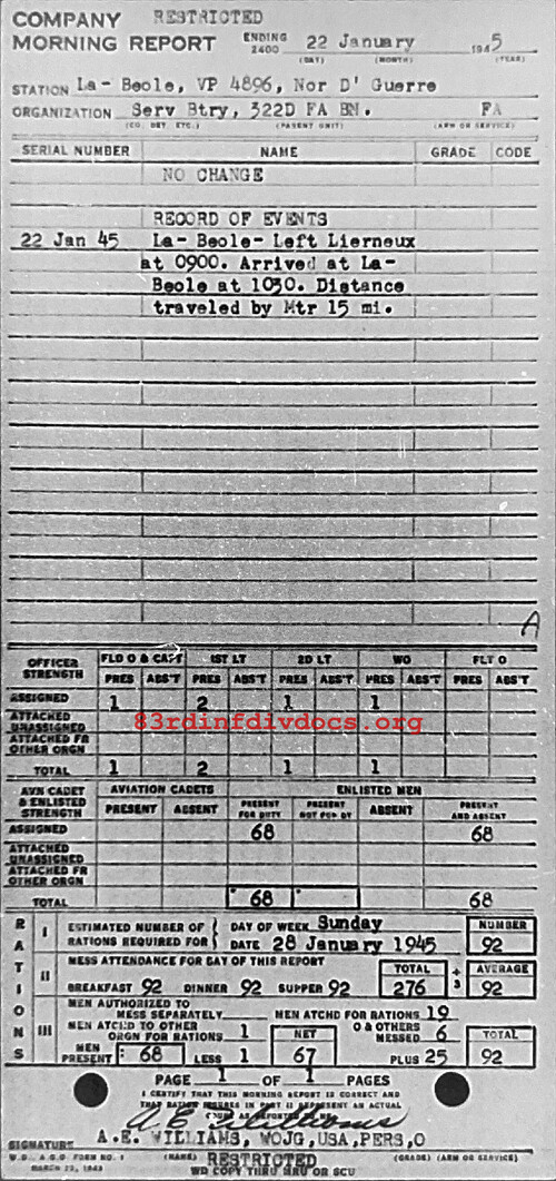 Morning report SERBTRY Co, 1945-01-22, page 1 Morning report