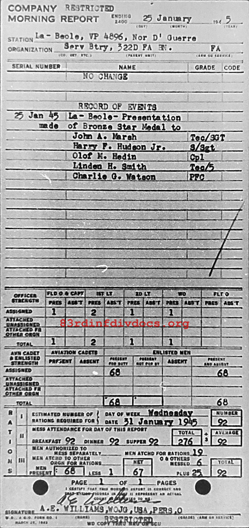 Morning report SERBTRY Co, 1945-01-25, page 1 Morning report