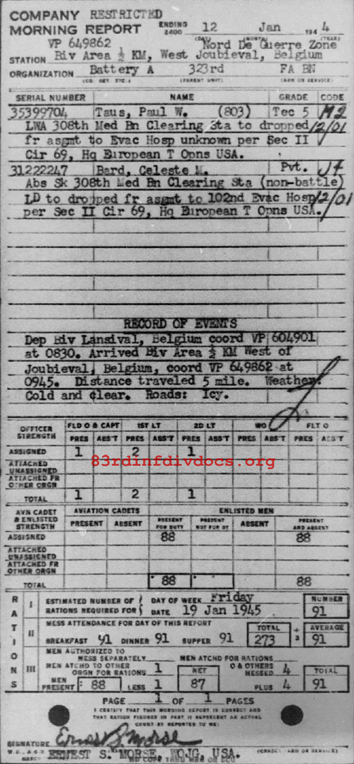 Morning report A Co, 1945-01-12, page 1 Morning report