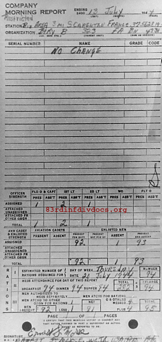 Morning report B Co, 1944-07-13, page 1 Morning report