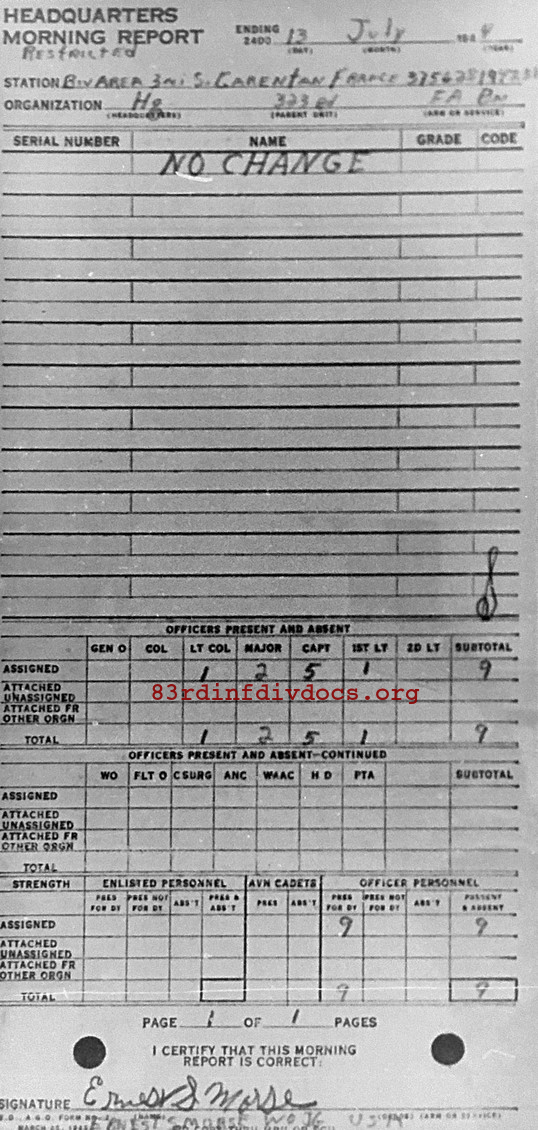 Morning report HQ Co, 1944-07-13, page 1 Morning report