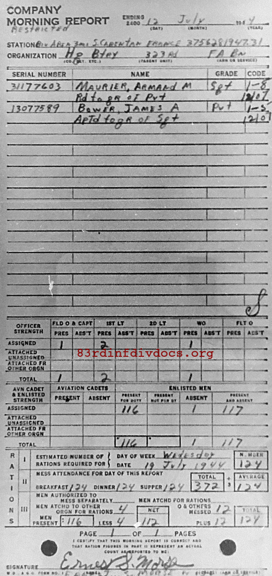 Morning report HQBTRY Co, 1944-07-12, page 1 Morning report
