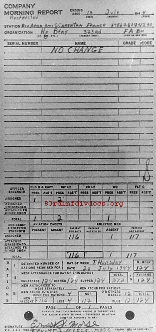 Morning report HQBTRY Co, 1944-07-13, page 1 Morning report