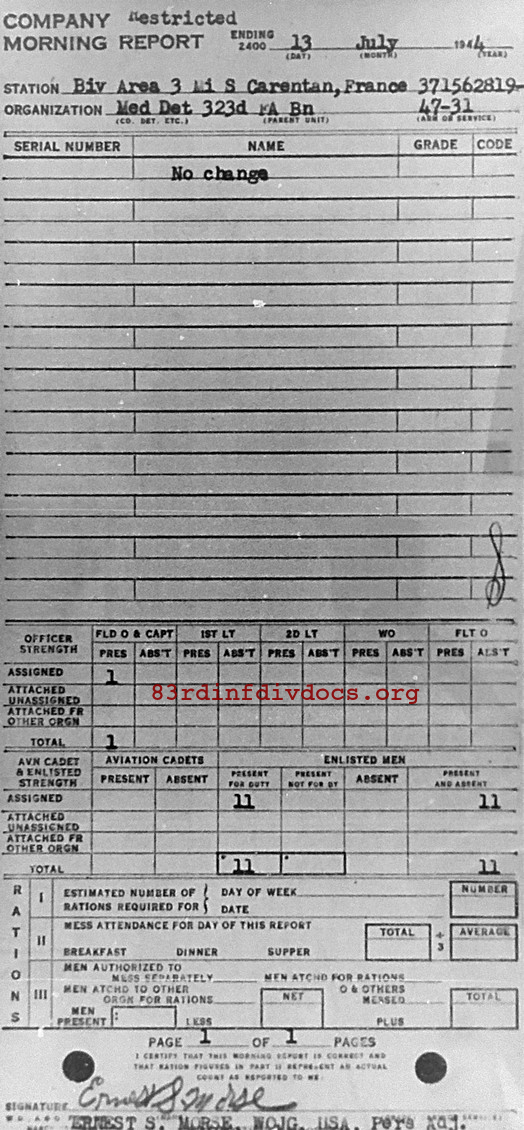 Morning report MEDDET Co, 1944-07-13, page 1 Morning report