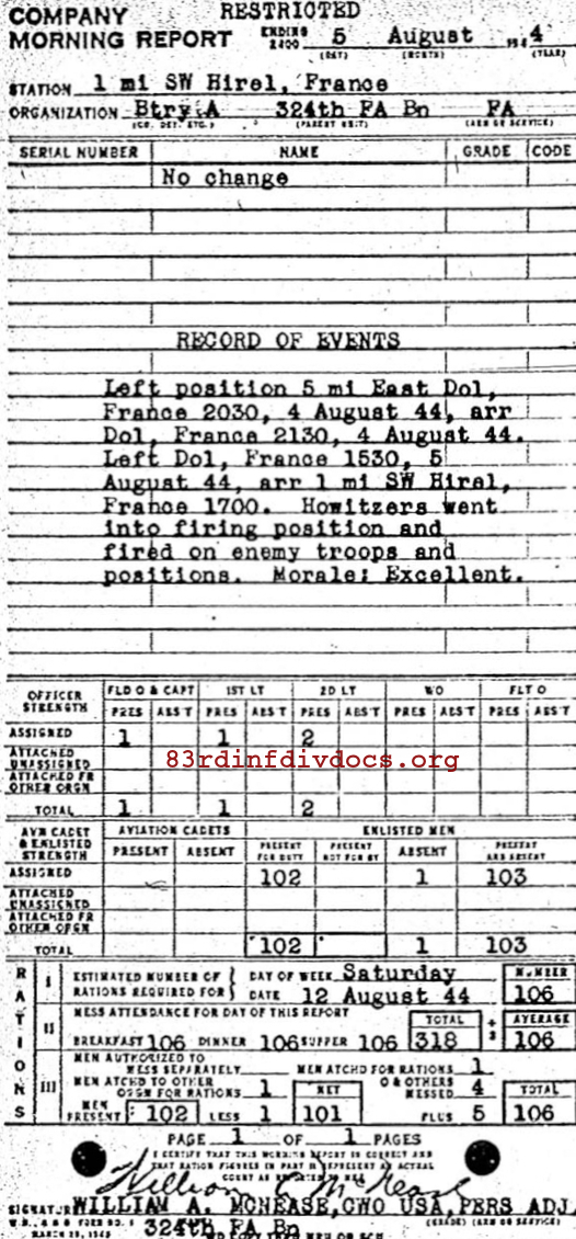 Morning report A Co, 1944-08-05, page 1 Morning report