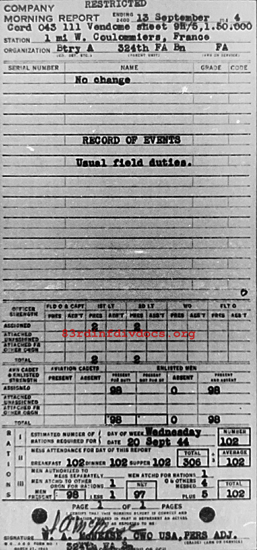 Morning report A Co, 1944-09-13, page 1 Morning report