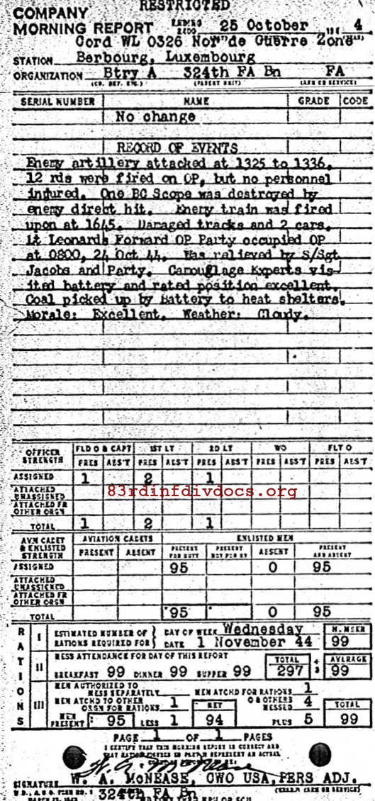 Morning report A Co, 1944-10-25, page 1 Morning report