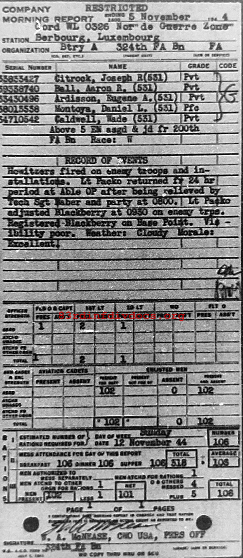 Morning report A Co, 1944-11-05, page 1 Morning report