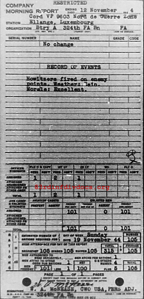 Morning report A Co, 1944-11-12, page 1 Morning report