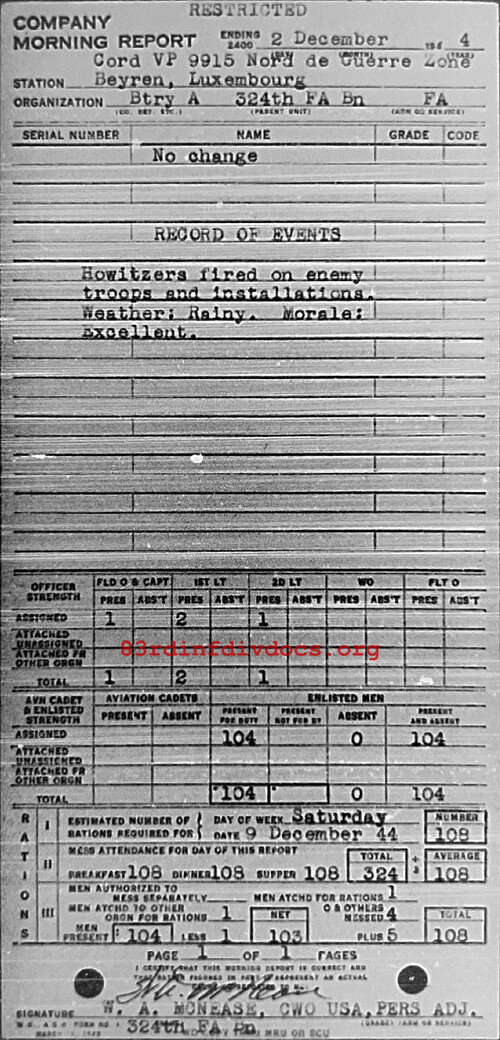 Morning report A Co, 1944-12-02, page 1 Morning report