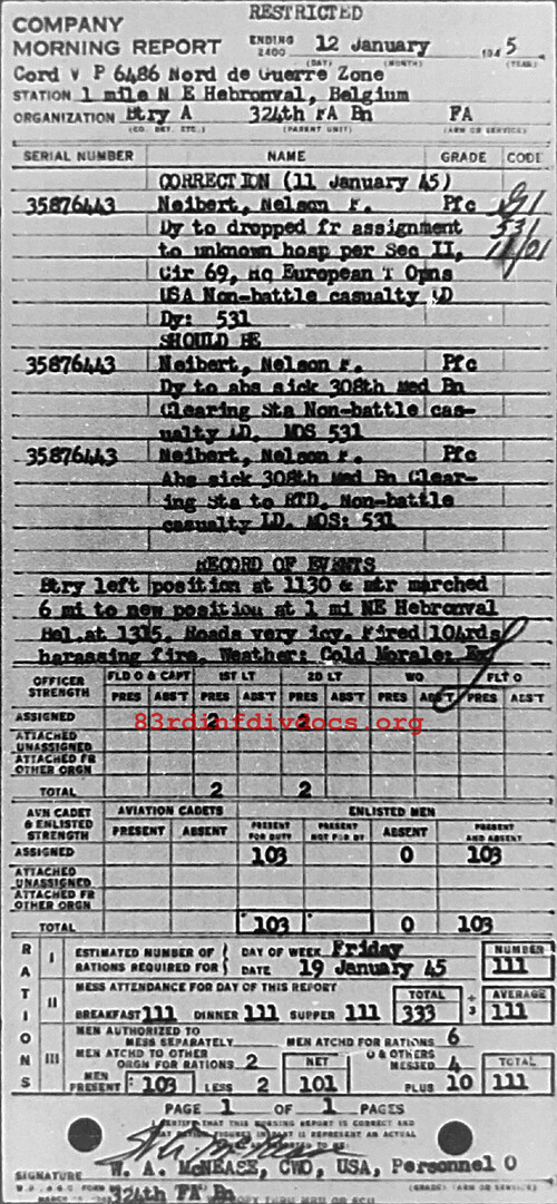 Morning report A Co, 1945-01-12, page 1 Morning report