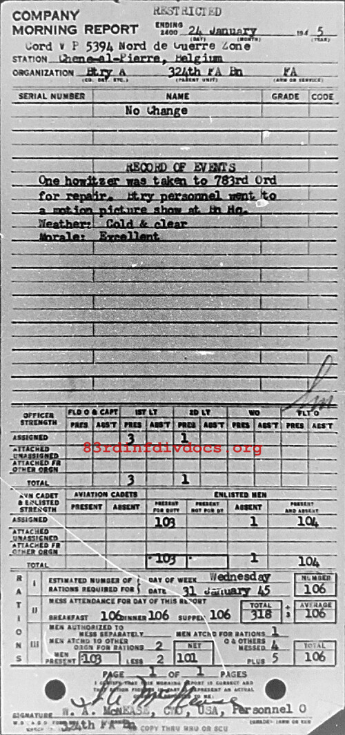 Morning report A Co, 1945-01-24, page 1 Morning report