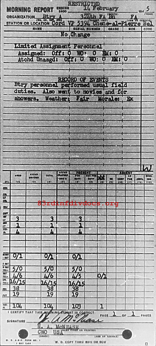 Morning report A Co, 1945-02-14, page 1 Morning report