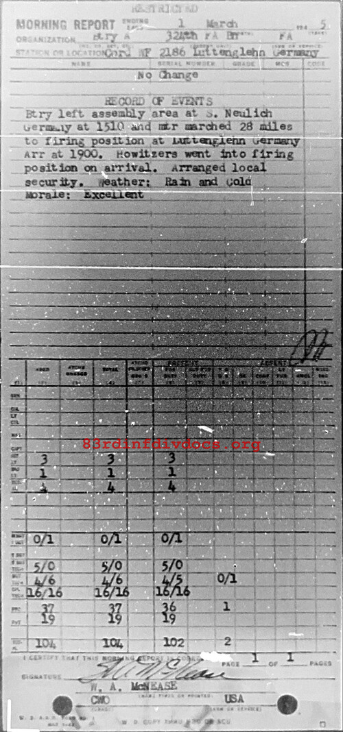 Morning report A Co, 1945-03-01, page 1 Morning report
