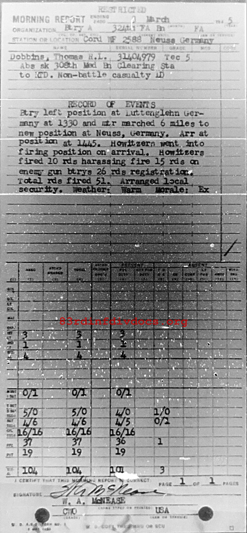 Morning report A Co, 1945-03-03, page 1 Morning report